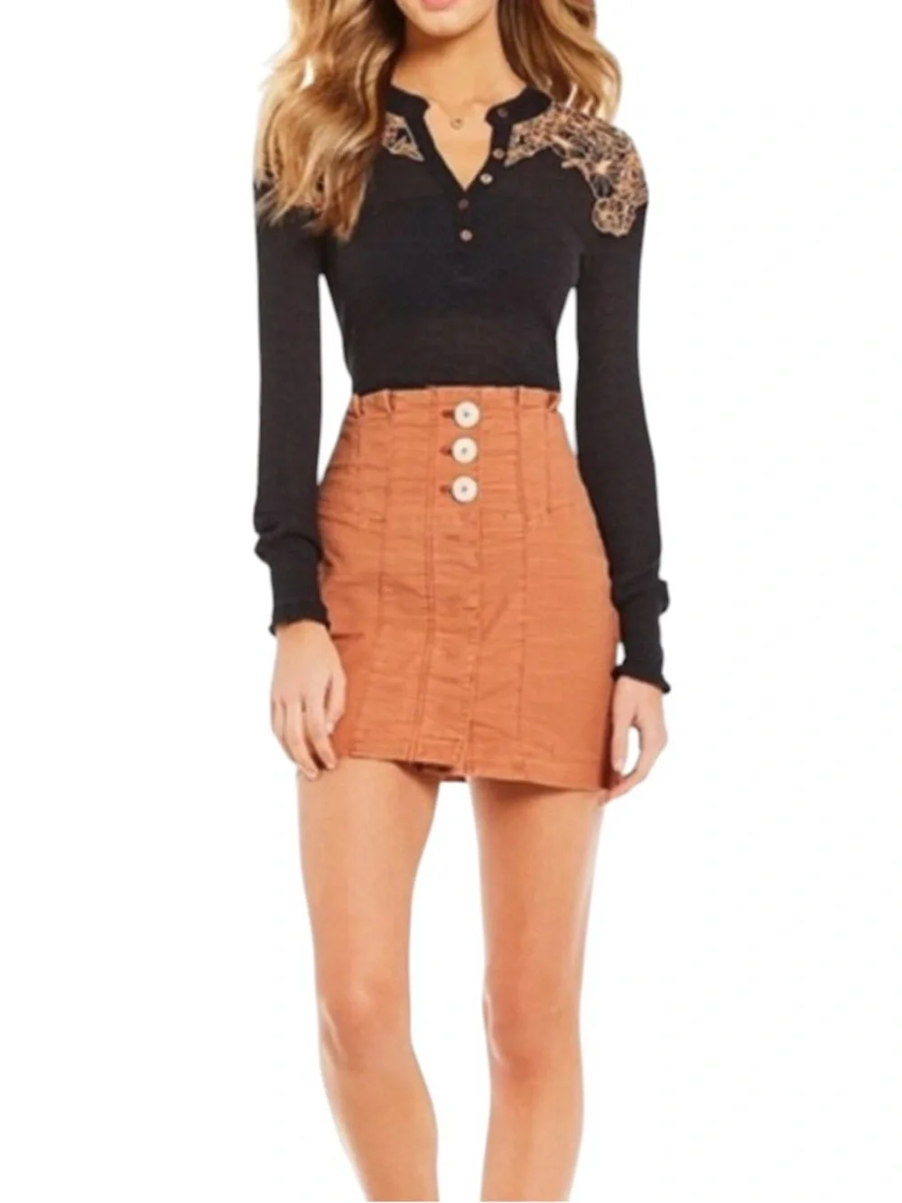 Free People Easy Breezy Black Embroidered Eyelet Henley Top - M
